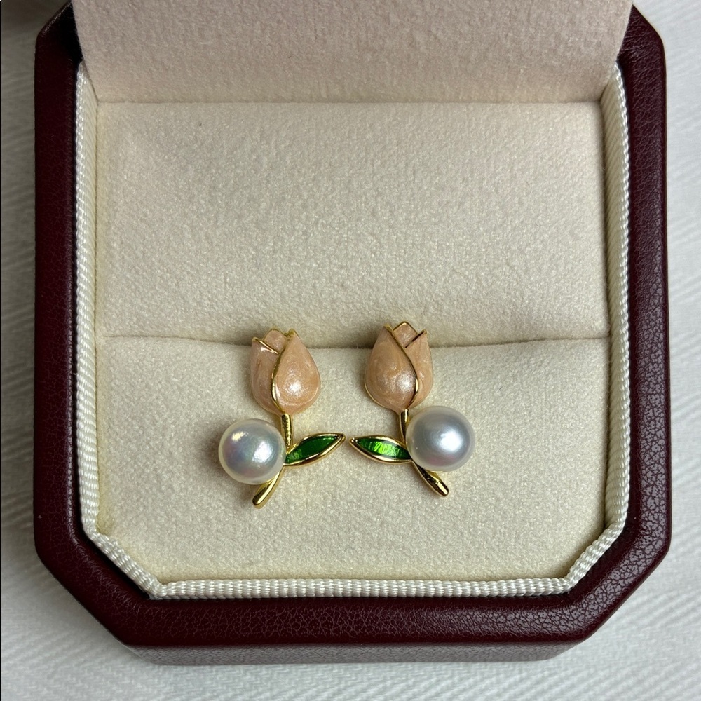 Tulip Pearl Stud Earrings | Sterling Silver Posts | Christmas Gift for Her